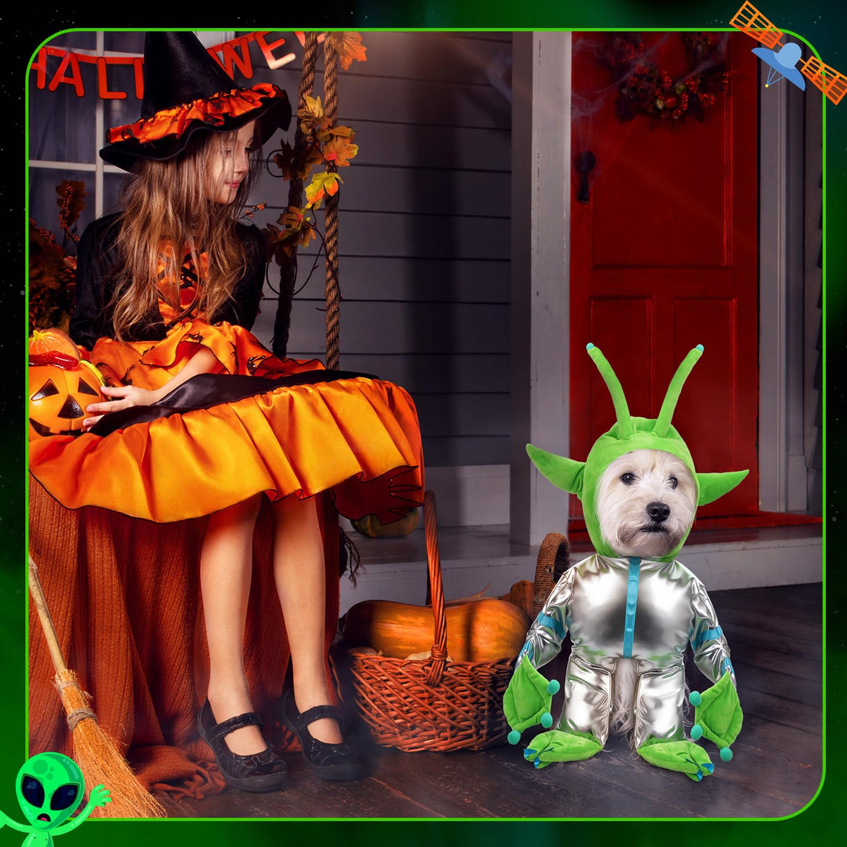 Huhumy Green Alien Costume for Small Dog, Medium Dog Halloween Astronaut Outfits Alien Pet Costume Cute Hooded with Reflective Outfits for Puppy Kitten Halloween Cosplay Party(M)