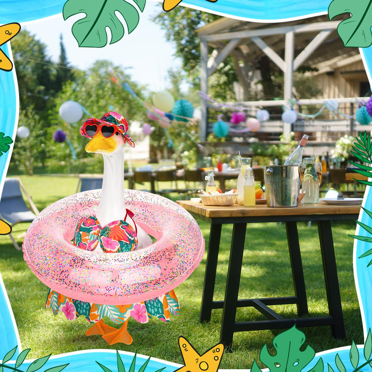 GANSHAYA Hawaiian Porch Goose Outfits Summer Bikini Goose Clothes Costume Fits 23" Goose Statue with Hat Sunglasses & Swimming Ring