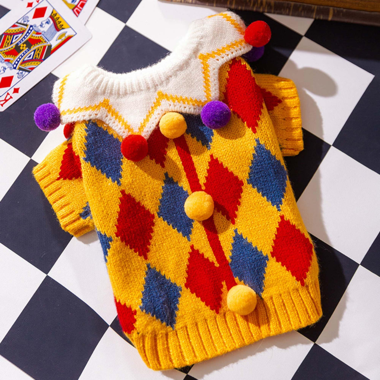 FLAdorepet Dog Circus Clown Costume with Joker Hat,Dog Cat Halloween Mardi Gras Outfit Party Jester Costumes Cosplay Apparel,Winter Pet Knitted Sweaters Clothes for Small Medium Dogs Cats,X-Large