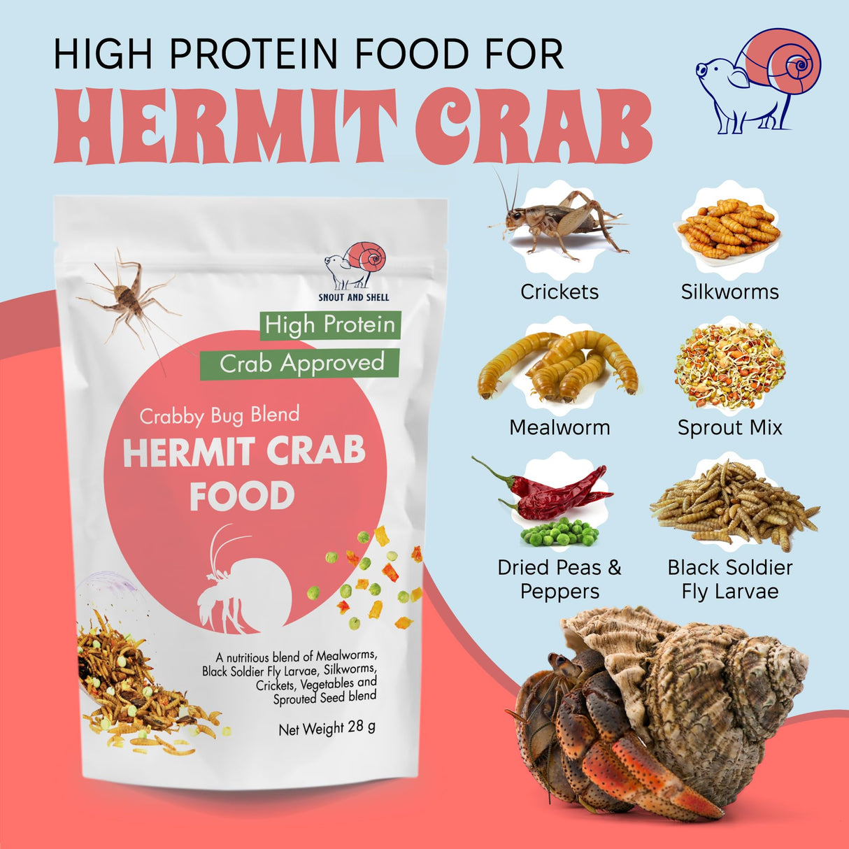 Snout and Shell Hermit Crab Food Bundle (Farm and Meadow, Fruity Breakfast Blend, Crabby Bug Blend, Greensand)