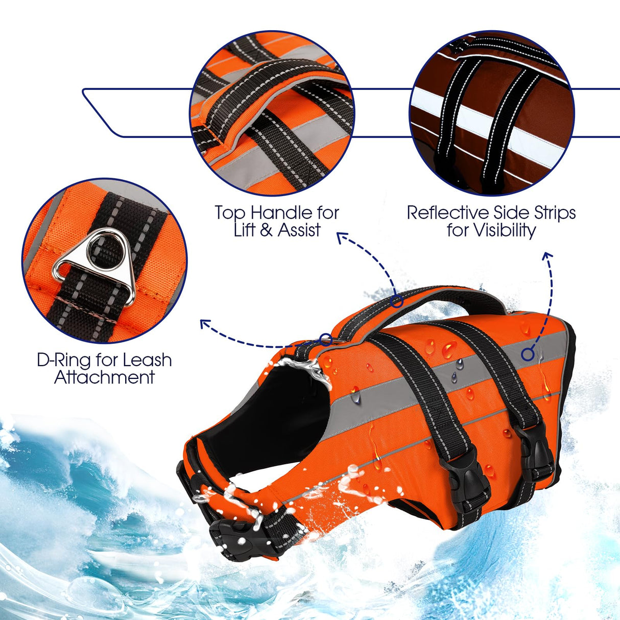 FUAMEY Life Jacket for Large Dogs, Ligjtweight Dog Life Vest for Swimming Pool, Dog Life Preserver with Handle & Reflective Strips, Orange, XXL
