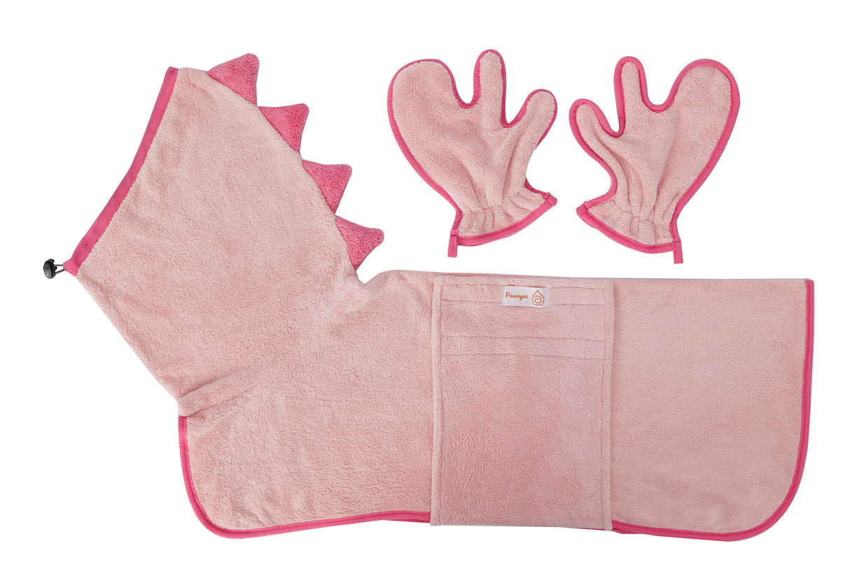 Pawyee Super Soft Fast-Drying Dog Towel Microfiber Bath Robe Design for Cats and Dogs (Medium, Pink Dino)