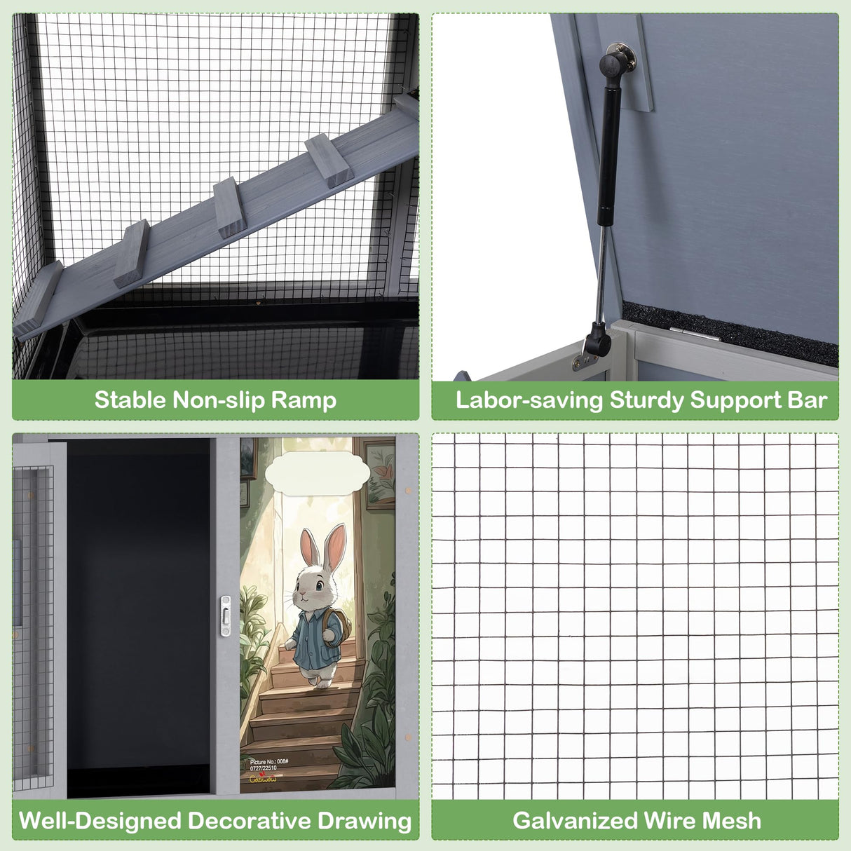 Wood Rabbit Hutch with Balcony - Small Animal House Bunny Cage on Wheels for Indoor Outdoor, Rabbit Cage Included Ramp, Pull Out Tray, (Grey with Pattern)