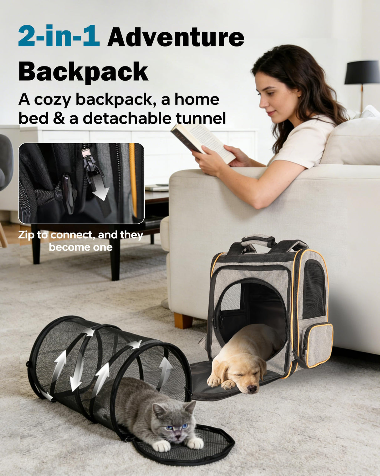 Cat Backpack Carrier with Detachable Round Play Tunnel, 2 in 1 Expandable Cat Backpack with Breathable Mesh,Cat Carrying Backpack for Cat 17lbs & Small Dog 13lbs,Grey Orange.