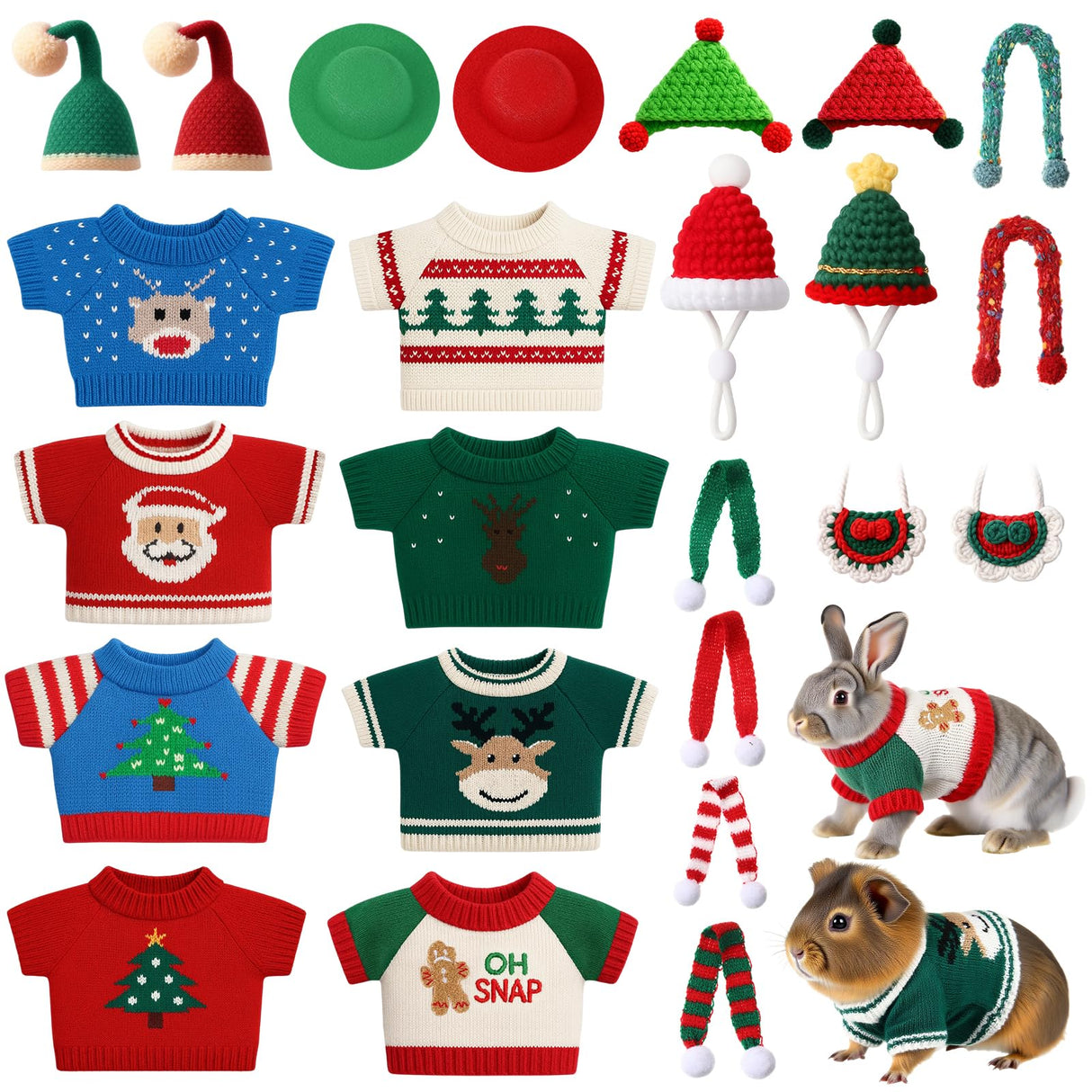 Sunnymove 24 Pcs Christmas Guinea Pig Clothes Includes 8 Guinea Pig Stuff Warm Sweaters, 8 Hand-Knitted Mini Hats, and 8 Cute Little Scarves for Hamster Bunny Small Animal Warm Costume