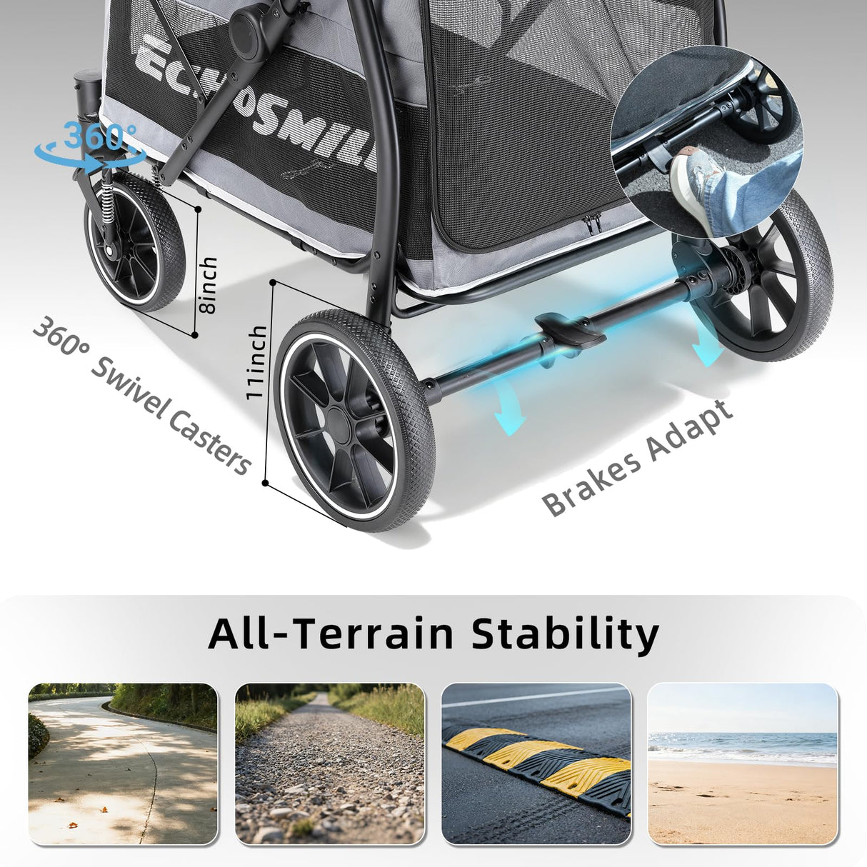 EchoSmile Dog Stroller for Large Dogs, 135lbs Weight Extra Large Pet Stroller, 4 Wheels Cats & Dogs Carrier with Brakes, Breathable Mesh Windows & Pocket, Gray