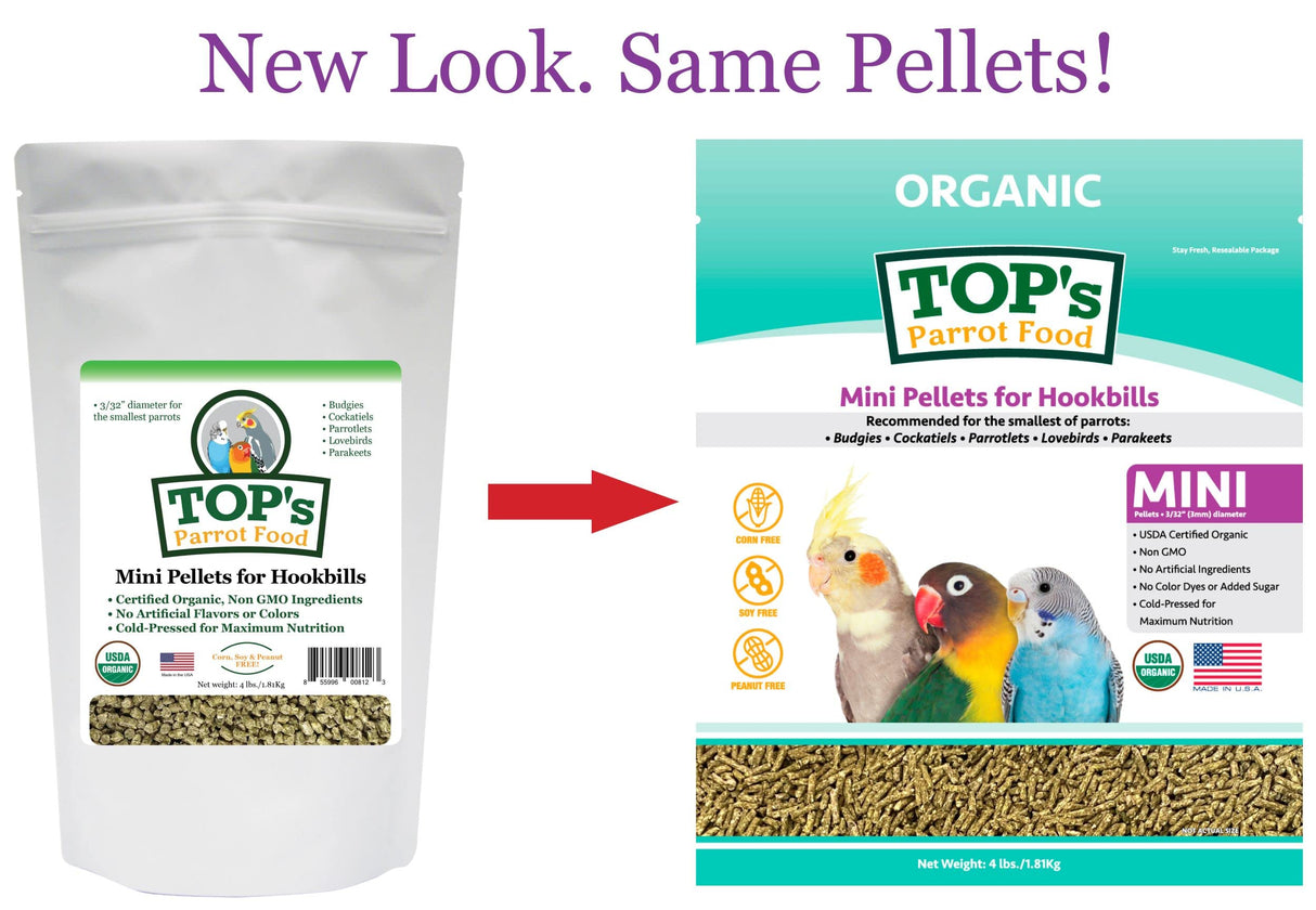 TOP's Parrot Food Mini Pellets Bird Food for Budgies, Cockatiels, Parrotlets, Lovebirds, Parakeets - Non-GMO, Peanut Soy & Corn Free, USDA Organic Certified - 4LBS