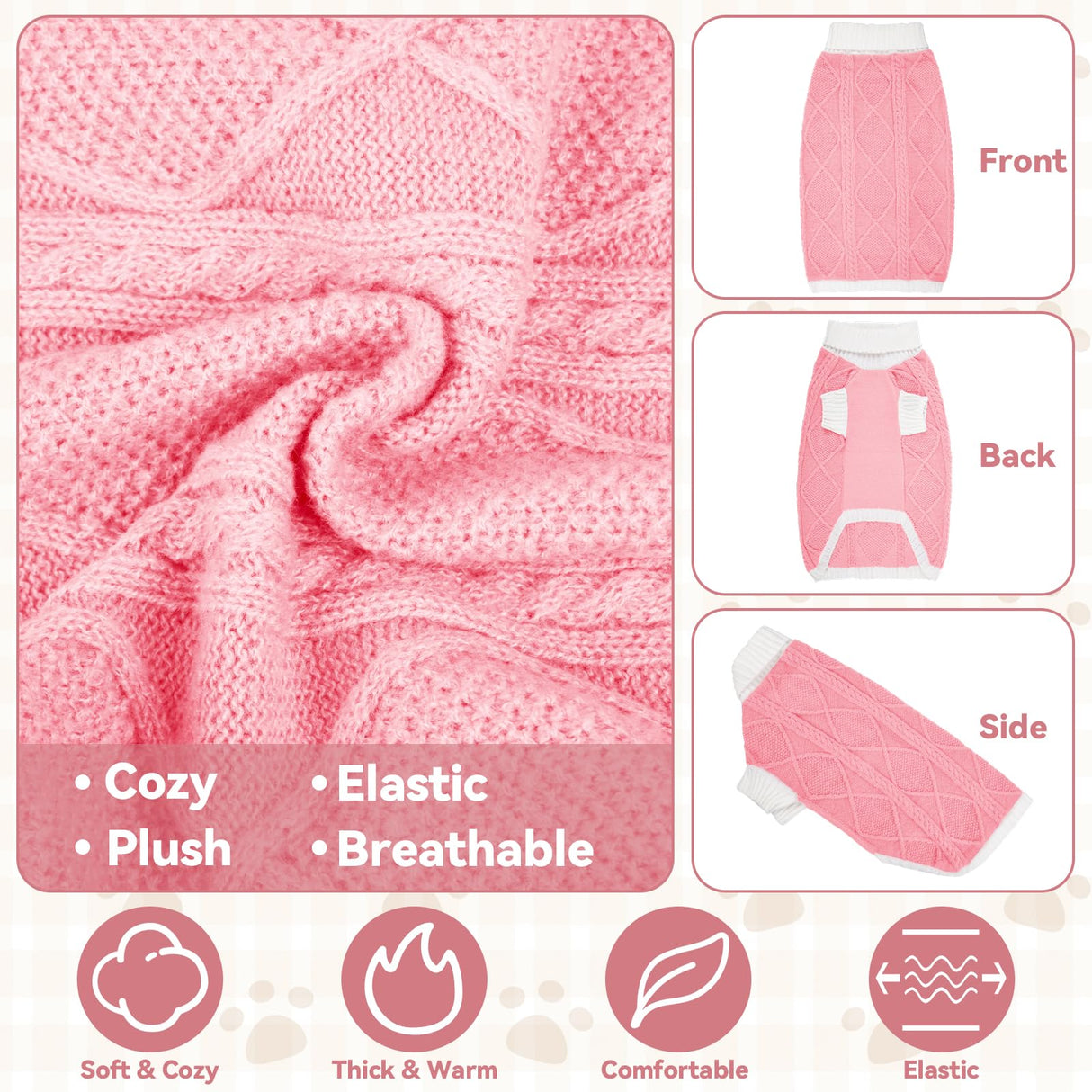 Lorehelina Dog Sweater for Large Dogs Argyle Cable Knit Turtleneck Pullover Winter Clothes for Boys Girls Stretch Golden Retriever Bulldog Pitbull Labrador Doberman Christmas Pet (XXL, Pink)