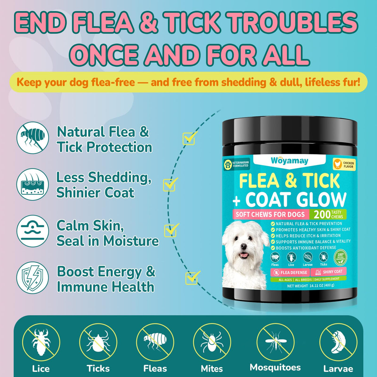 Woyamay Flea + Coat Glow Soft Chews, Natural Flea and Tick Prevention for Dogs, Dog Flea and Tick Treatment Chewable, Reduces Itch & Shedding with Fish Oil & Neem, Chicken Flavor