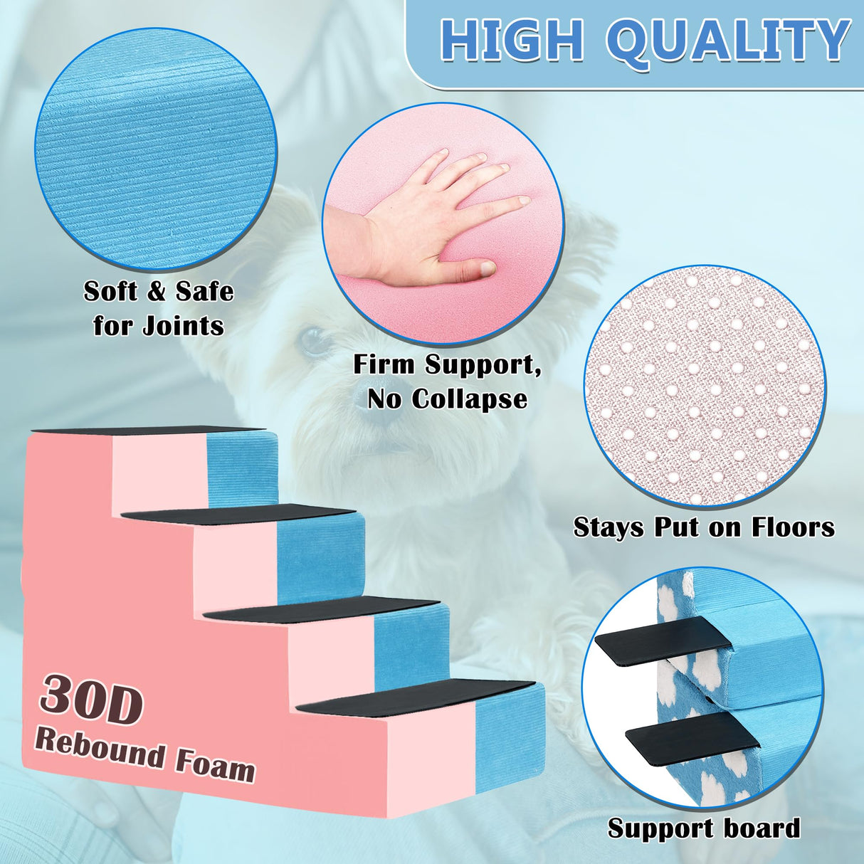 Pet Stairs for Small Dog Stairs for Sofa and Bed High Density Foam Stairs Pet Ladder with Removable Washable Cover Non-Slip Base(4 Steps Blue)