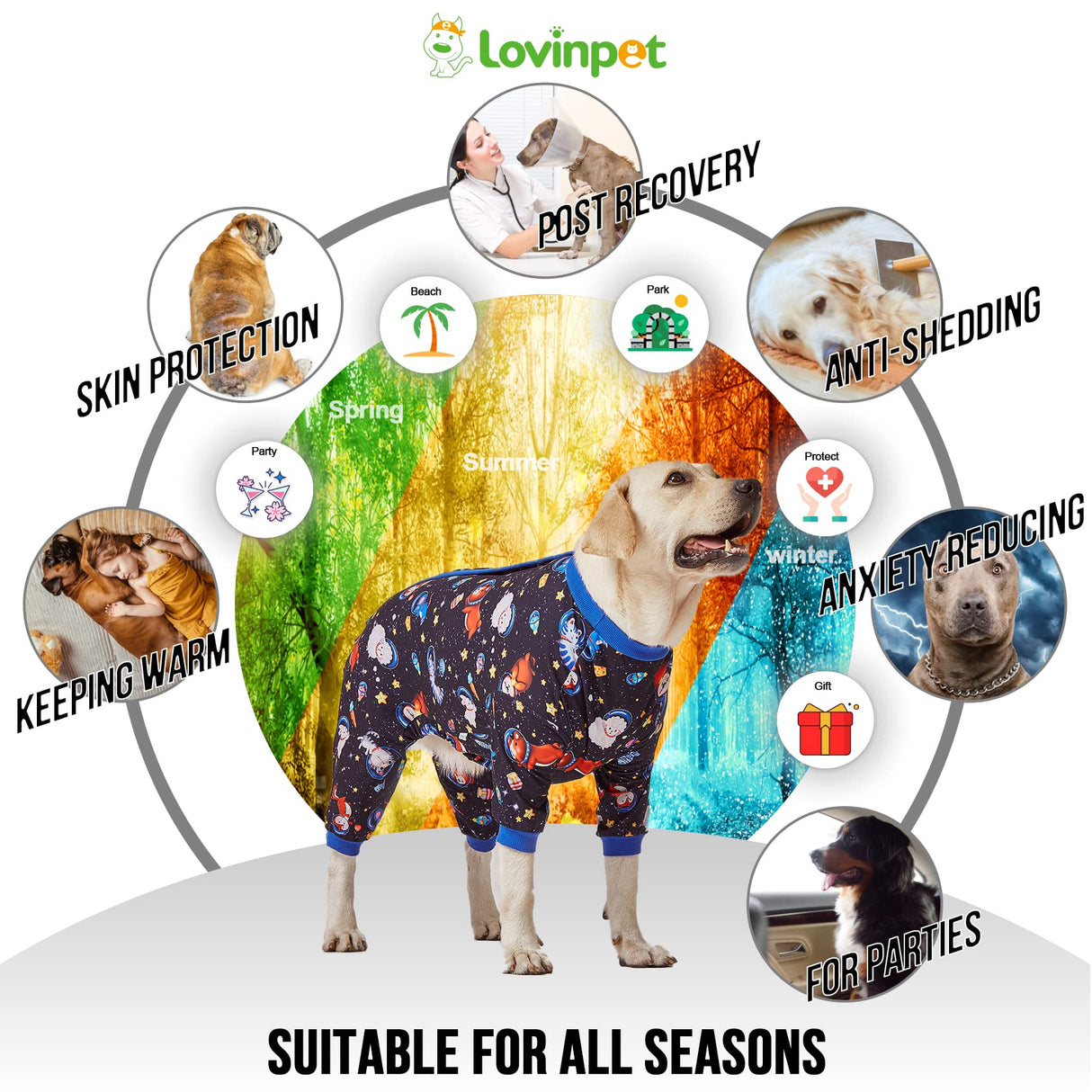 LovinPet Large Big Dog Pajamas - Anxiety Calming Dog Onesie, Pet Pajamas for Dogs, Lightweight Stretchy 4 Legged Style Large Dog Jammies, Space Animals Black Print, Pet Pjs,Black XL