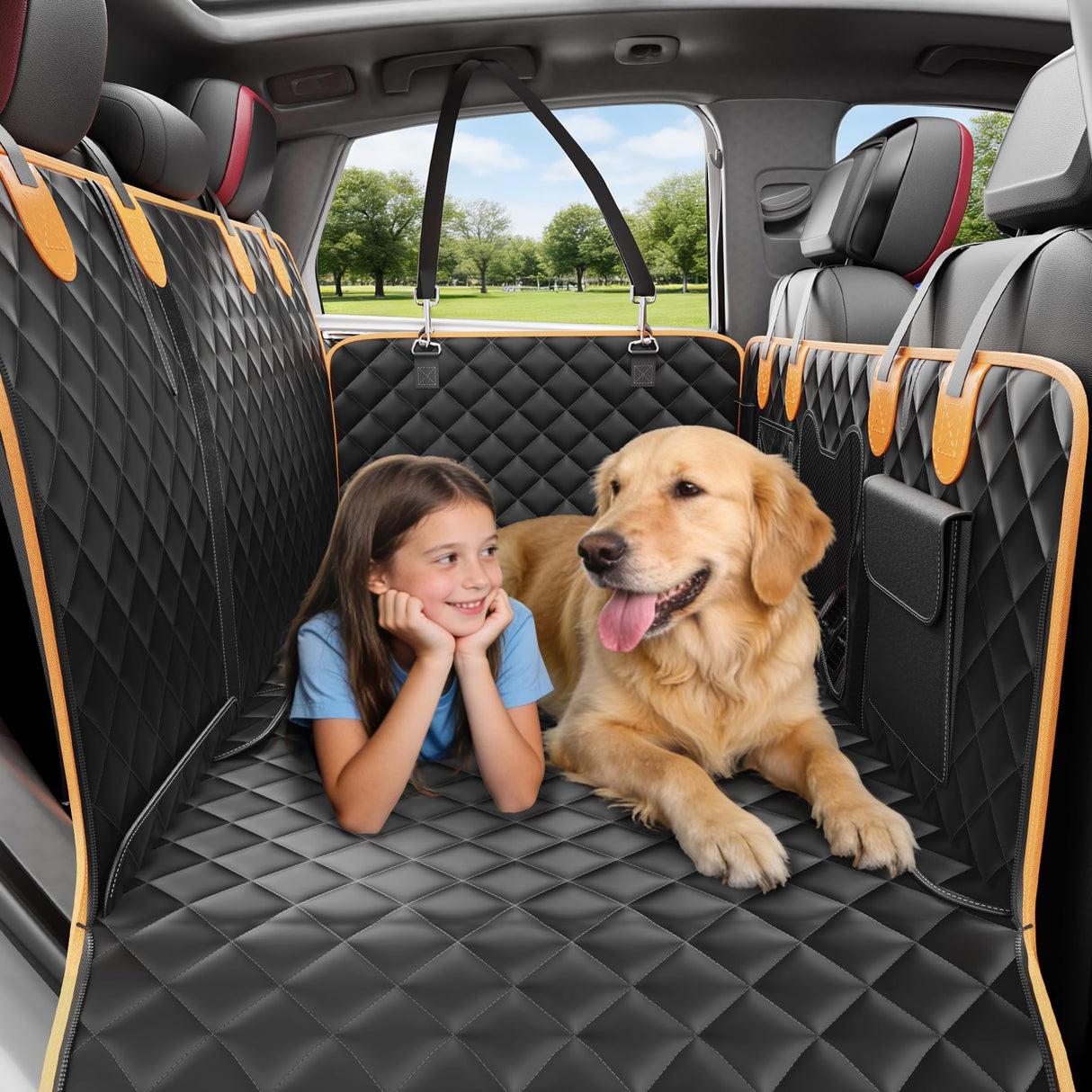 IIVZJY Back Seat Extender for Dogs - Anti-Scratch & Waterproof Backseat Protector, 600D Upgraded Material Pet Hammock with Mesh Window, Easy to Clean Dog Bed for Car, SUV, Truck,Orange