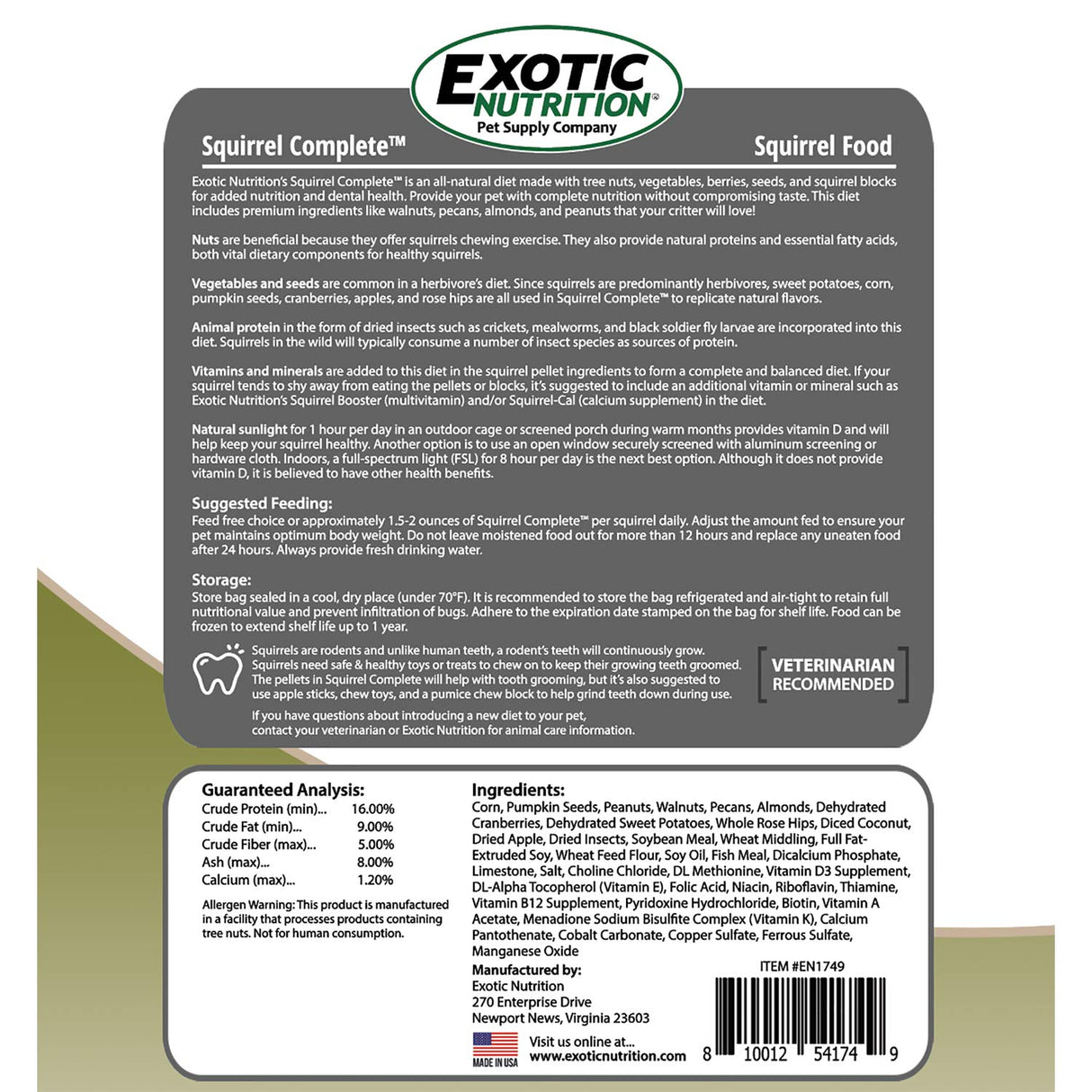 Exotic Nutrition Squirrel Complete (4 lb.) - Healthy Natural Food for Squirrels - Ground, Grey, and Flying Squirrels