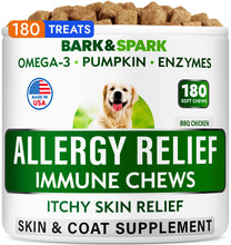 Load image into Gallery viewer, BARK&SPARK Dog Allergy Relief Chews (180 Immune Treats) - Anti-Itch Skin & Coat Supplement - Omega 3 Fish Oil - Dry & Itchy Skin Relief Treatment Pills - Itching, Paw Licking & Hot Spots