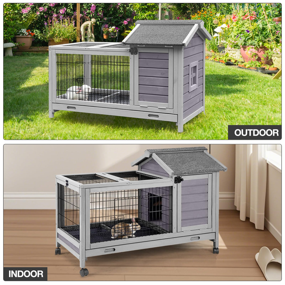 Wooden Rabbit Hutch Indoor and Outdoor, Rabbit Cage with Removable Wire Netting and Leak Proof Tray, Mobile Bunny Cage with Wheels