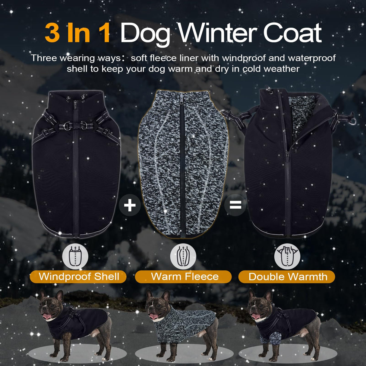 Lelepet Dog Coat 3 in 1 Waterproof Dog Winter Jacket with Harness Built in Windproof Snow Jakcet with Detachable Fleece Sweater Lining Reflective Thermal Cold Weather Coats for Small Medium Large Dogs