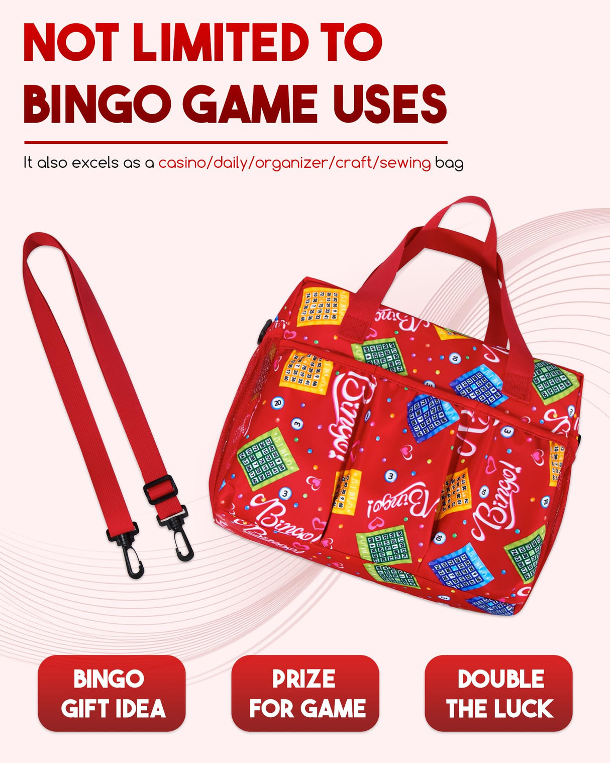 Bingo Bag with Pockets for Bingo Daubers Dabbers Dobbers Red Bingo Bag for Bingo Stuff Supplies Bingo Dauber Bag for Bingo Equipment Bingo Accessories for Women Bingo Prizes for Adults Seniors Elderly