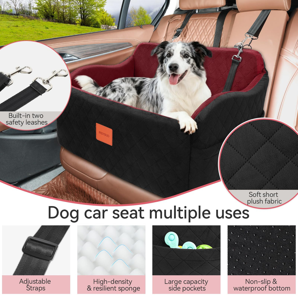 INDYBUD Dog Car Seat for Medium/Large Dogs, Memory Foam Pet Booster Seat for Under 55 lbs or 2 Small Dogs, Detachable Dog Car Bed for Backseat with 2 Safety Leashes and Pockets (Black/Red, Large)