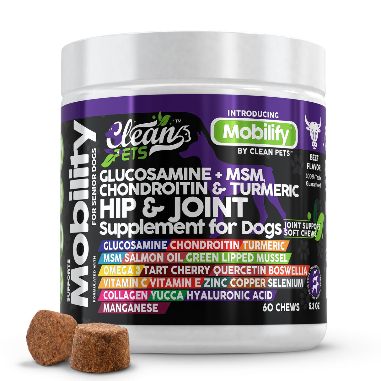 Clean Pets Hip and Joint Supplement Dogs with Glucosamine for Dogs + Chondroitin, Turmeric, Hyaluronic Acid, MSM, Salmon Oil, Collagen, Vitamin C, Omega 3 Senior Dog Supplements Beef Flavor - 1Pack
