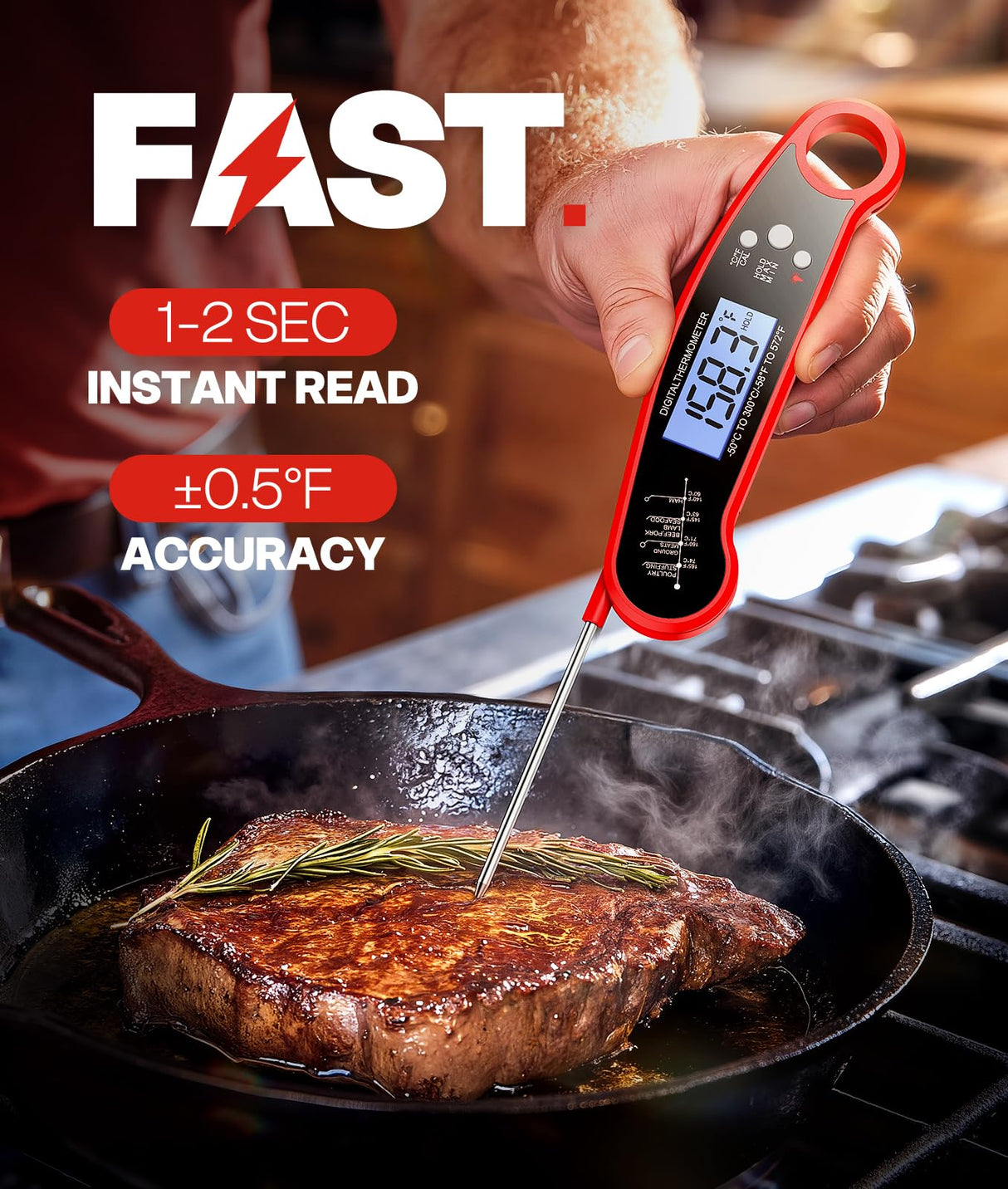 Meat Thermometer Digital – Instant Read Food Thermometer for Grilling, BBQ, Air Fryer, Smoker, Candy Making, Kitchen Gadgets, BBQ Essentials, Gift for Fathers Day, Dad Men Husband Him, Red