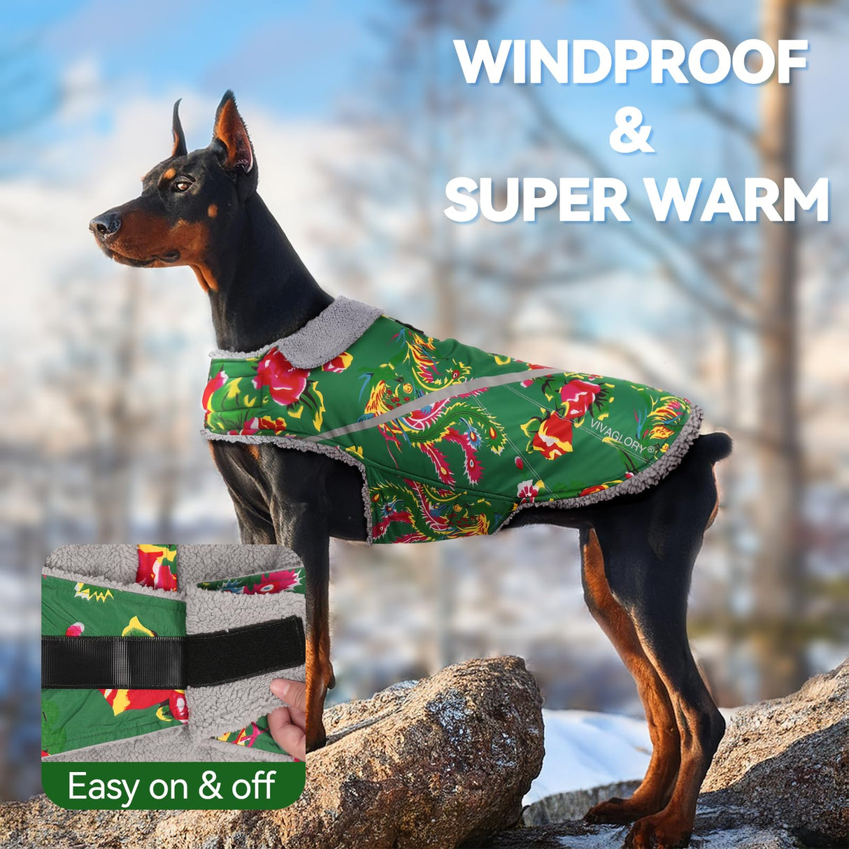 VIVAGLORY Snowrap Dog Coat, Jacket with Harness Hole, Dog Coat for Winter & Cold Weather, Fluffy Warm Fleece Lined Reflective Water Resistant for Puppy, M, Northeast Florals-Green
