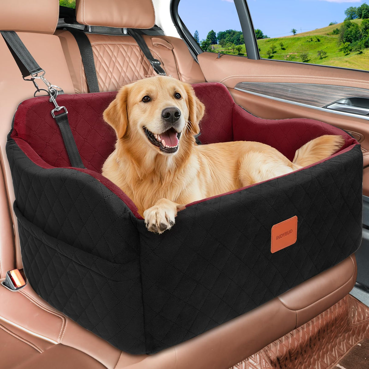 INDYBUD Dog Car Seat for Medium/Large Dogs, Memory Foam Pet Booster Seat for Under 55 lbs or 2 Small Dogs, Detachable Dog Car Bed for Backseat with 2 Safety Leashes and Pockets (Black/Red, Large)