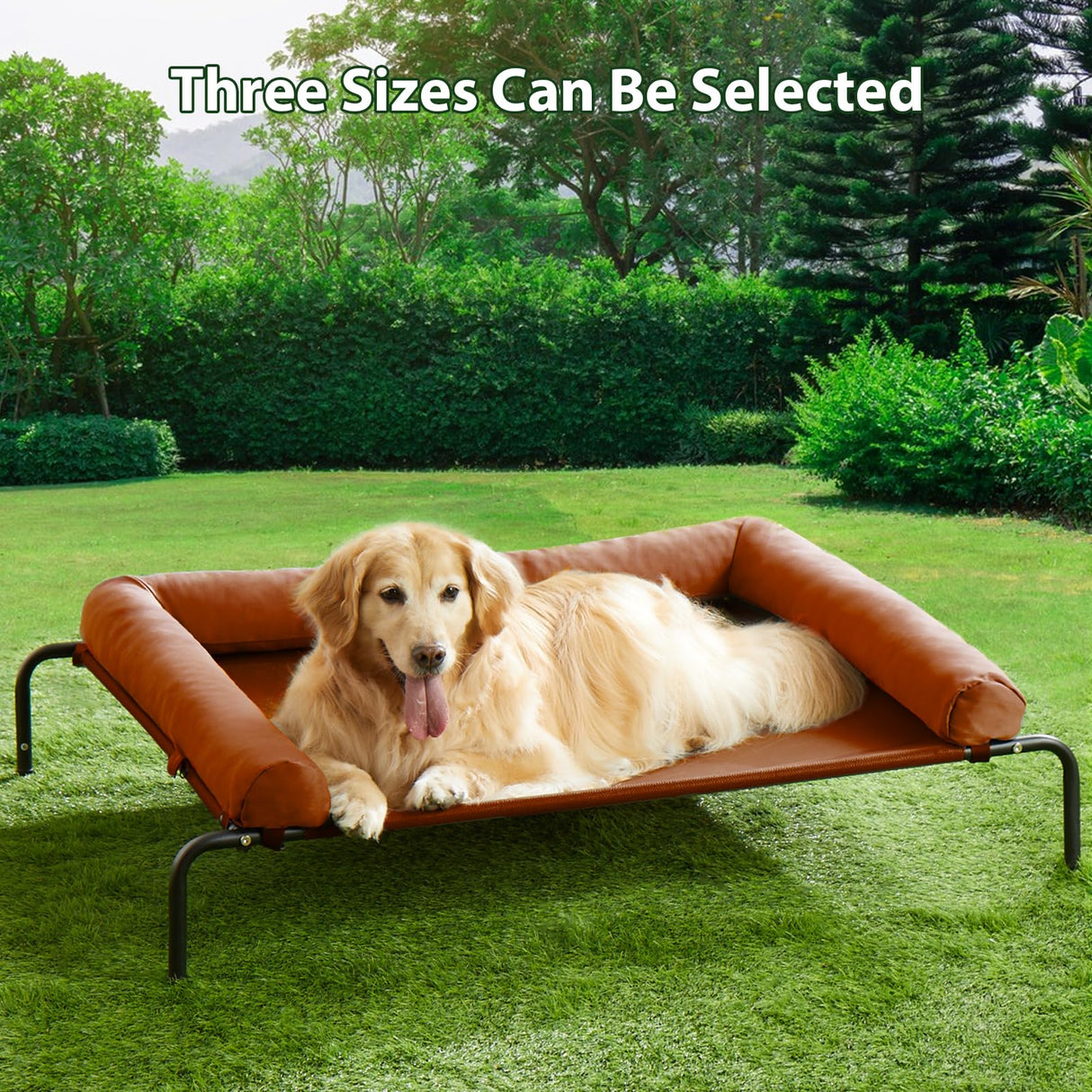 Cooling Elevated Dog Bed for Large Dogs – Waterproof Raised Dog Cot with Slope Headrest, Breathable Teslin Mesh, Durable & Portable Pet Bed for Indoor and Outdoor Use, Caramel