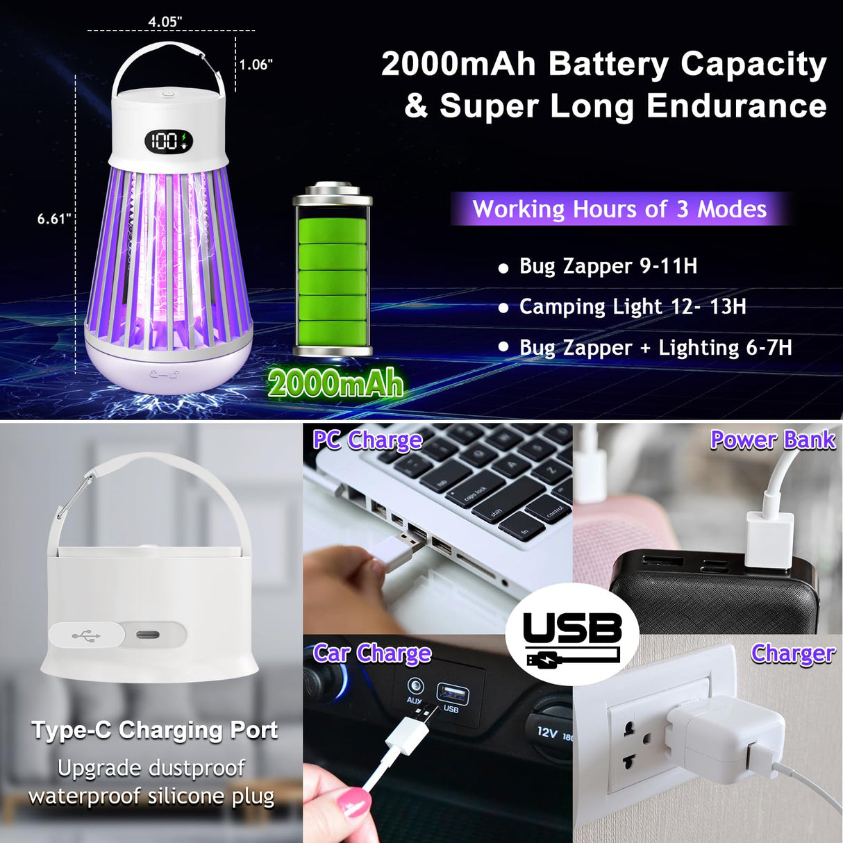 Bug Zapper Indoor Outdoor Mosquito Zapper, Rechargeable Fly Zapper Mosquito Killer Lamp with Storage Box, Waterproof 2000V Bug Light Trap Indoor for Home Kitchen Backyard Garden Camping Patio - White