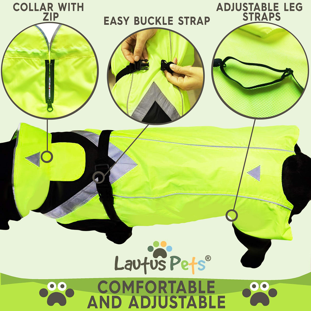 Lautus Pets Waterproof Dog Rain Coat, Reflective Safety Strips & Leash Hole β Lightweight Adjustable Jacket for Medium Breeds - M, Yellow