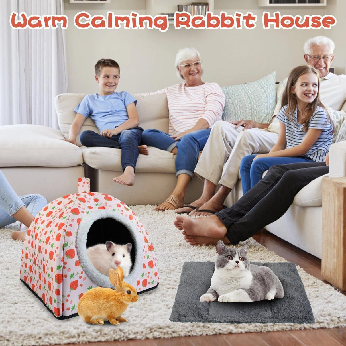Warm Rabbit Hideout, Washable Bunny Bed & Hideaway House with Strawberry Design, Cozy Fleece Hut for Indoor Rabbits Guinea Pigs and Other Small Animals