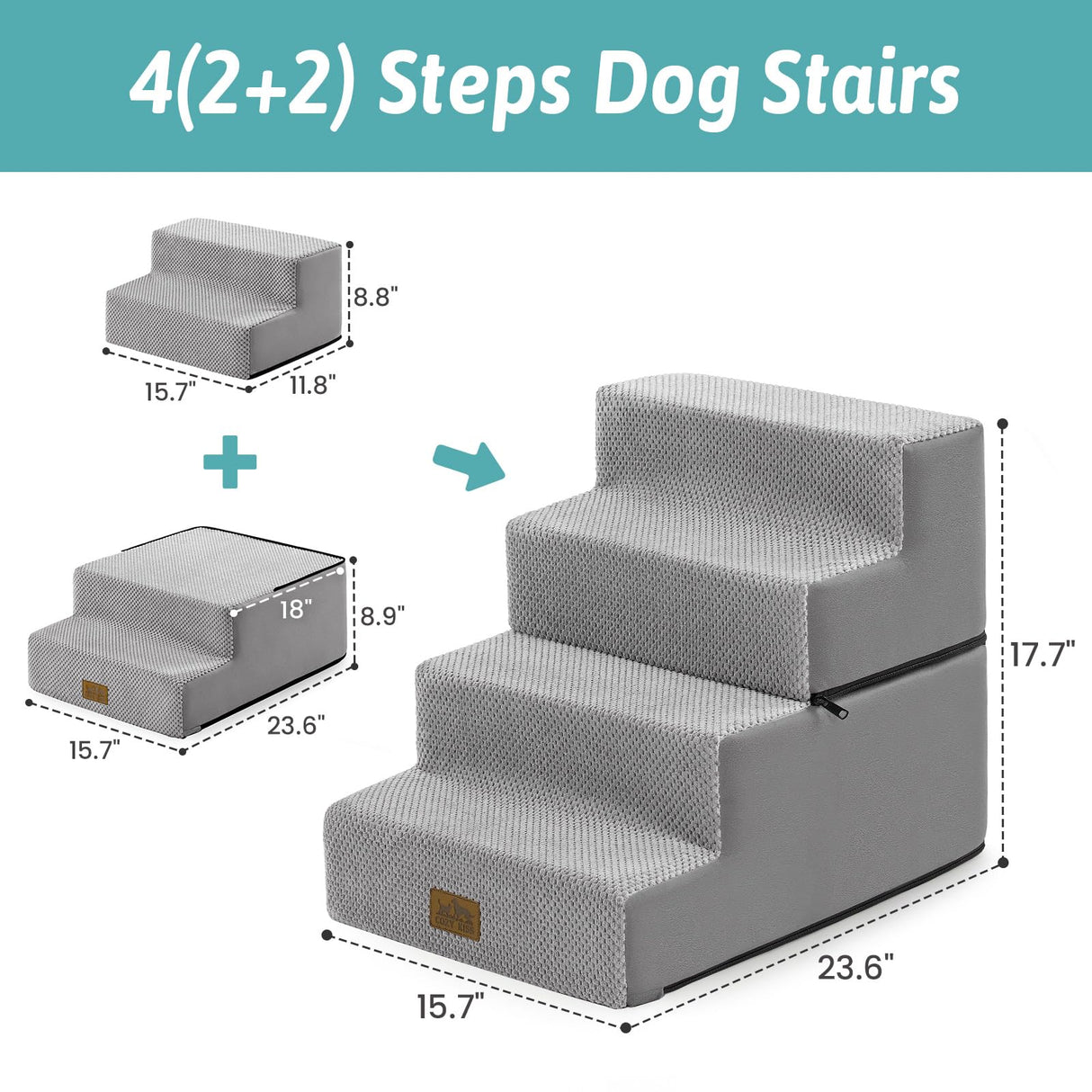 COZY KISS Dog Stairs for Small Dogs, 4 Tier Removable Pet Stairs for Couch and Bed, 17.7" H Dog Steps for Old Cats, Puppy, Small Dogs, 15.7x23.6x17.7 inch, Gray