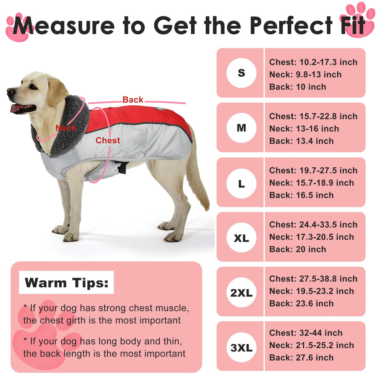 Petglad Dog Coat, Waterproof Ripstop Dog Winter Jacket with Leash Hole, Reflective Adjustable Warm Pet Fleece Snow Sweater for Small Medium Large Dogs - Red, XL
