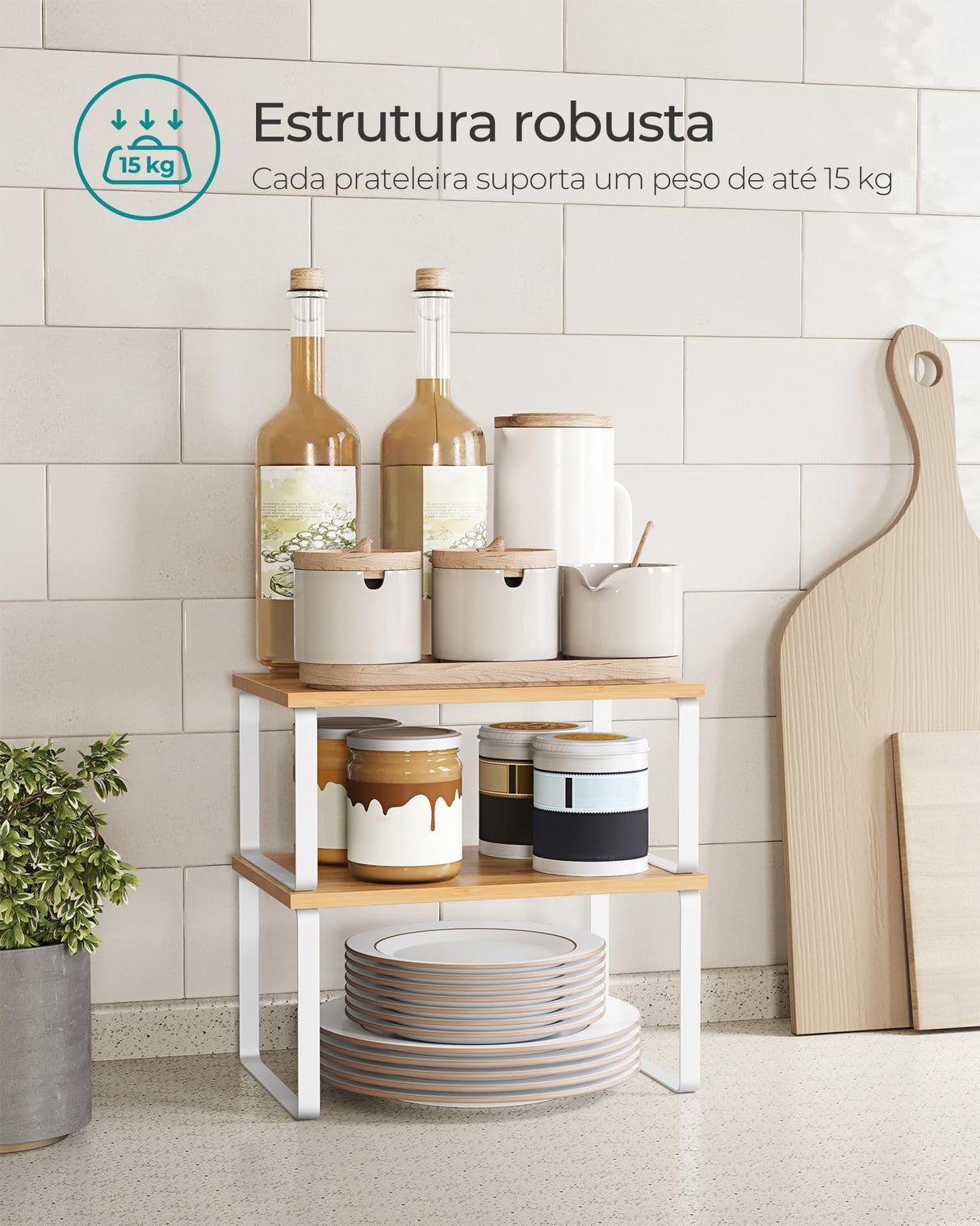 SONGMICS Cabinet Organizer Shelf, Set of 2 Kitchen Counter Shelves, Kitchen Storage, Spice Rack, Stackable, Expandable, Metal and Engineered Wood, 11.7 Inches, Cloud White and Natural Beige UKCS02NW