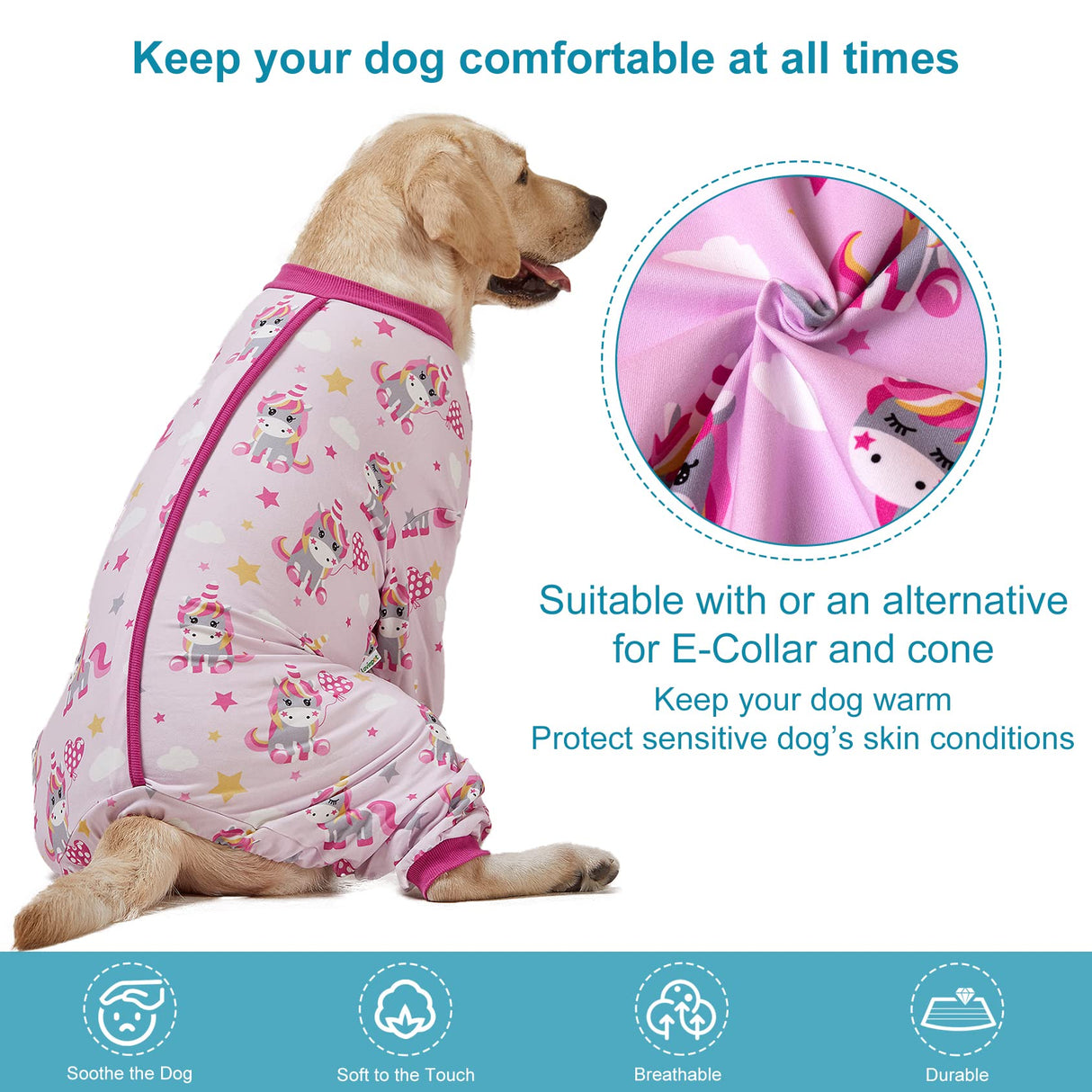 LovinPet Dog Onesies for Large Dogs, Lightweight Stretch Knit, Unicorn Rose Pink Print/Post Surgery Shirt/UV Protection, Pet Anxiety Relief, Wound Care for Large Dog Onesies/L
