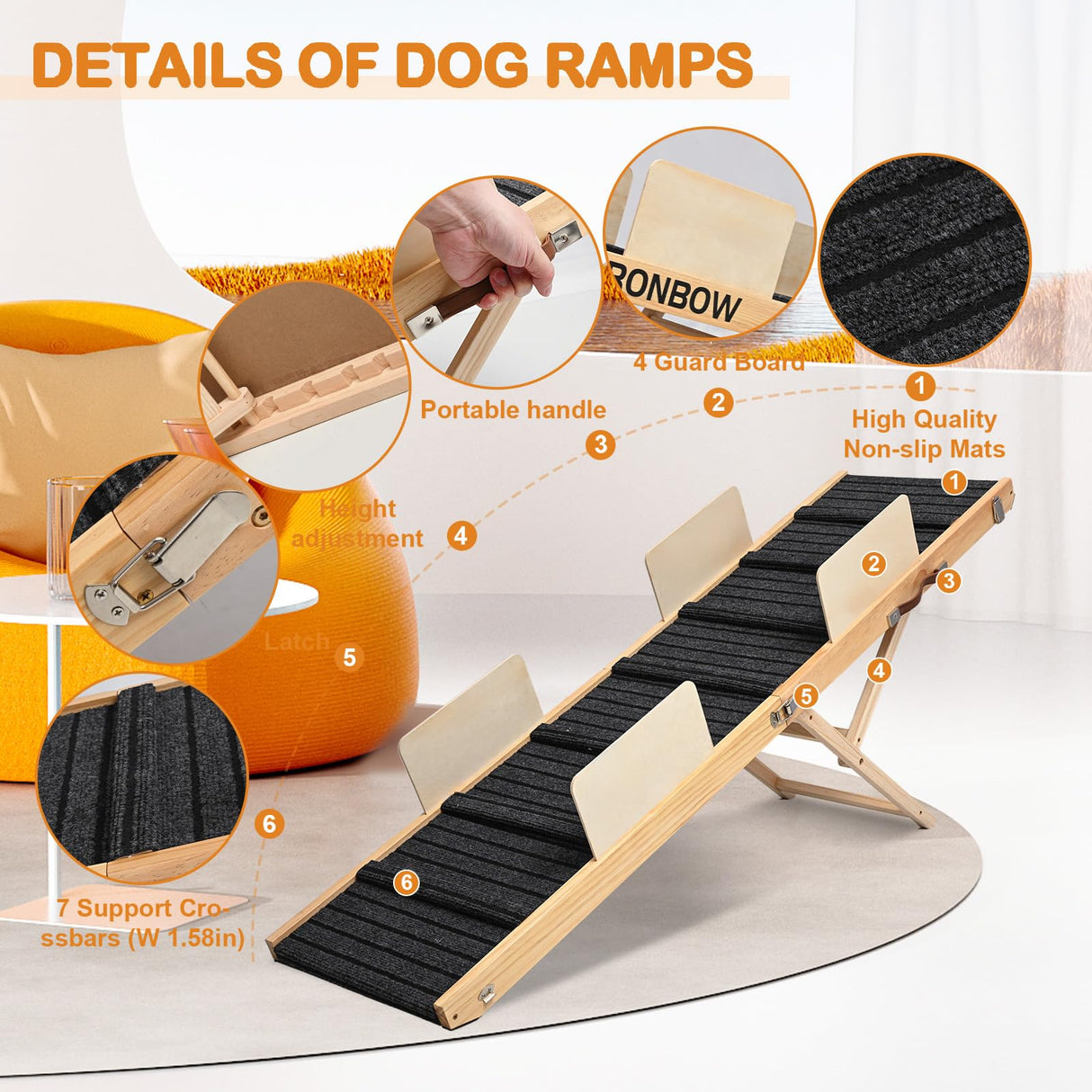 Upgraded Dog Ramp for Bed, Couch, Car, Foldable Pet Ramp, Non-Slip Pad & Safety Baffle-6 Adjustable Height 12" to 30", Portable Stable Pet Steps for Small & Medium Old Dogs & Cats 