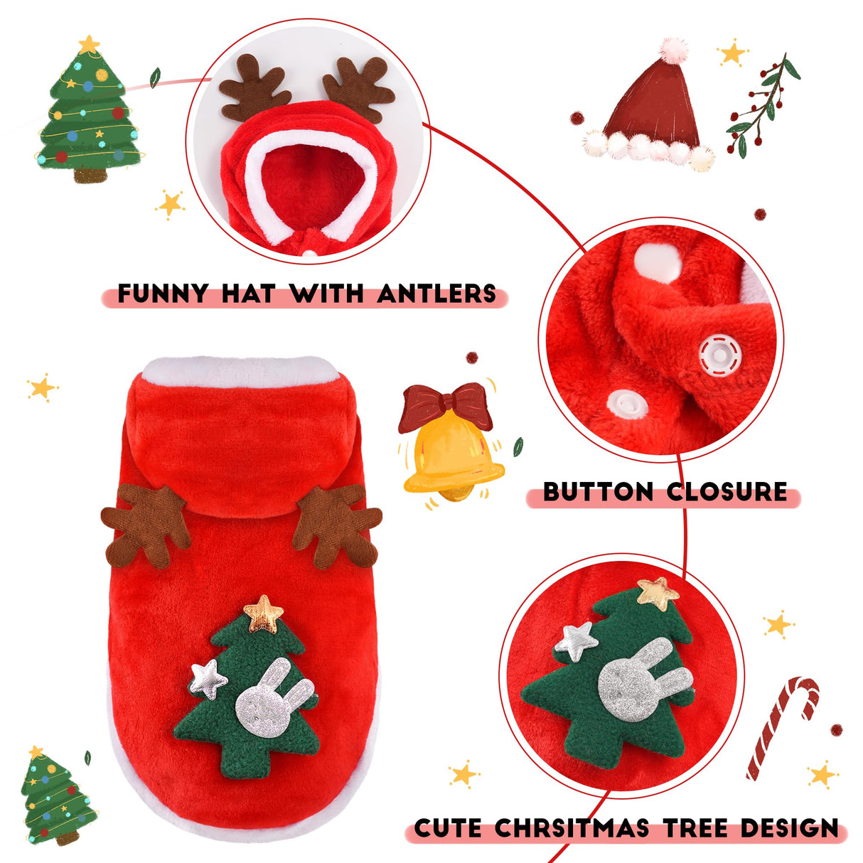 Dog Christmas Costume Funny Dog Christmas Outfit Cute Santa Hoodie for Small Medium Dogs with Reindeer Antler Hood for Cats Dogs Puppy Pets Holiday