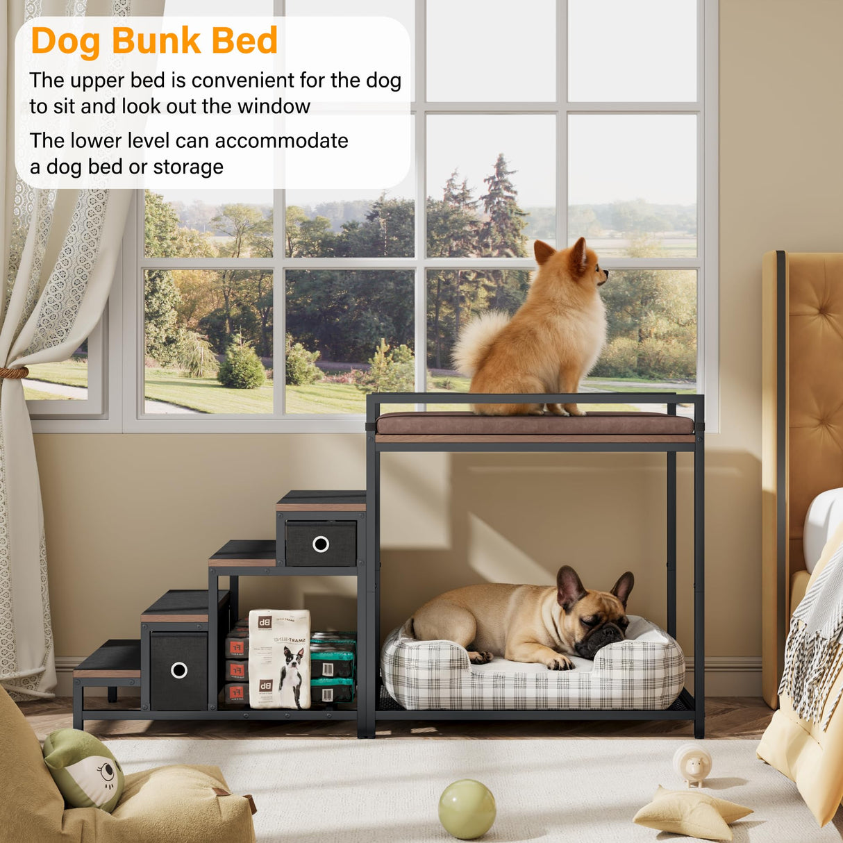 kepptory Pet Bunk Bed with Stairs and Storage, Dog Beds Attachment to Human Bed, Bedside Dogs Cot for Small, Medium Cats & Dogs, Pet Window Perch (Brown)