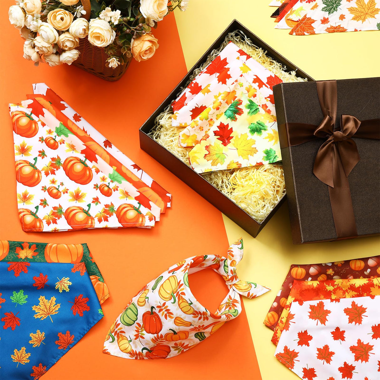 Sweetude 200 Pieces Fall Dog Bandanas Bulk Thanksgiving Day Bandanas for Dogs, Pumpkin Maple Leaves Pattern Pet Triangle Scarf Puppy Dog Kerchief Bibs for Autumn Holiday Costume Accessories Decoration