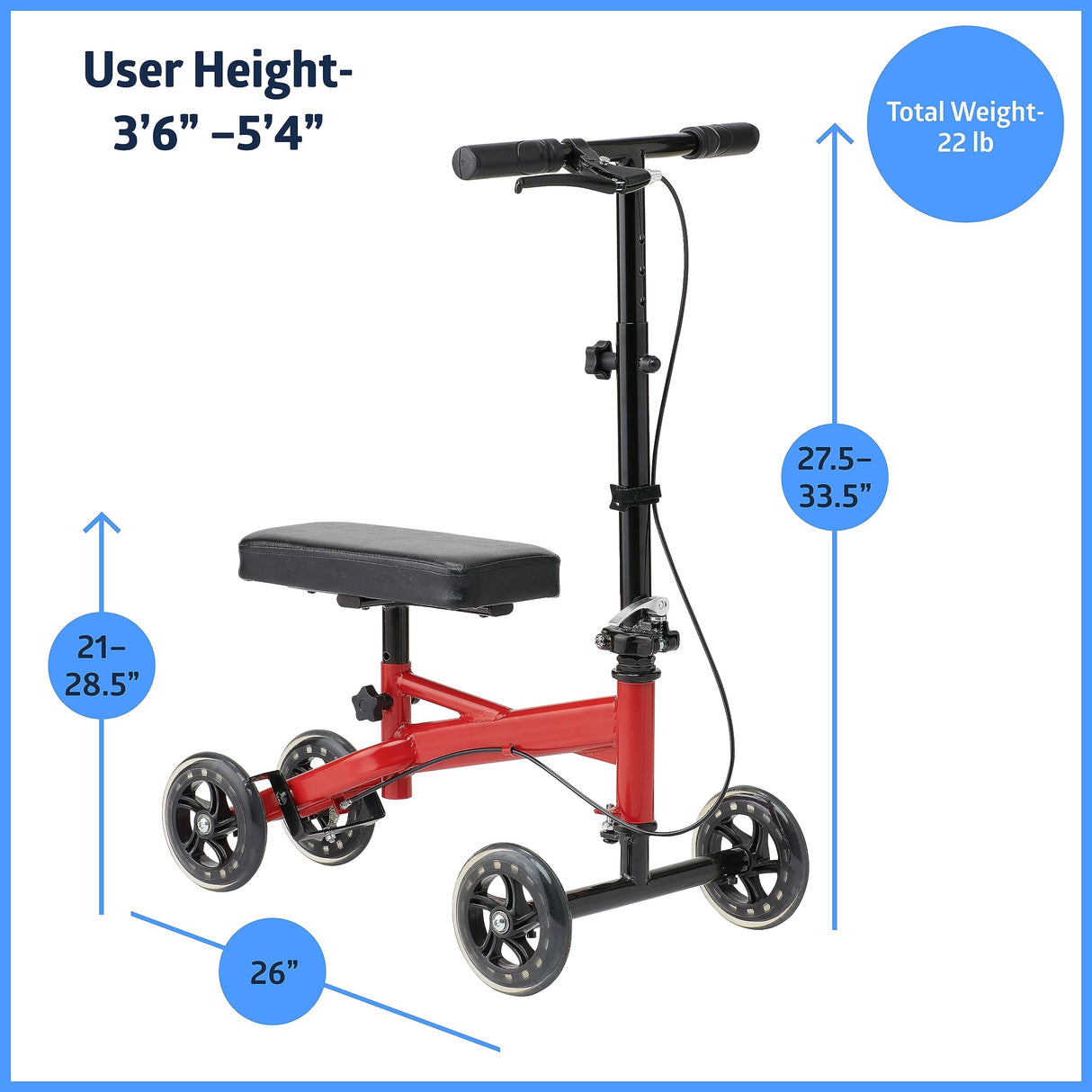 Medline Four-Wheel Junior Knee Walker with Brake– Maneuverable, Comfortable, Crutch Alternative for Moderate Weight Support, Injury & Recovery