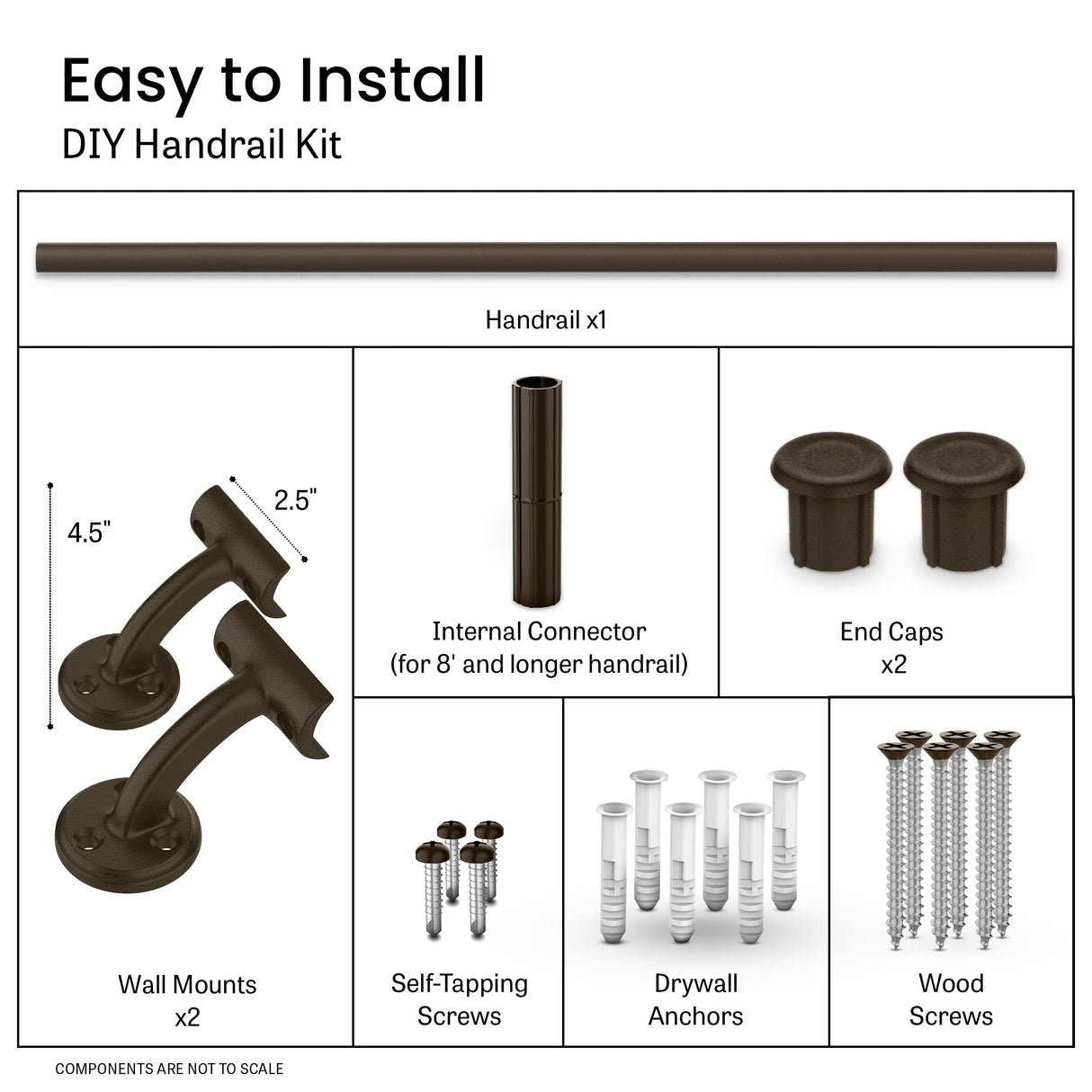 Meranti Aluminum Handrail for Indoor or Outdoor Steps and Stairs – Hand Rails for Elderly – DIY Complete Stair Railing Kit (4' Length, Bronze Textured)