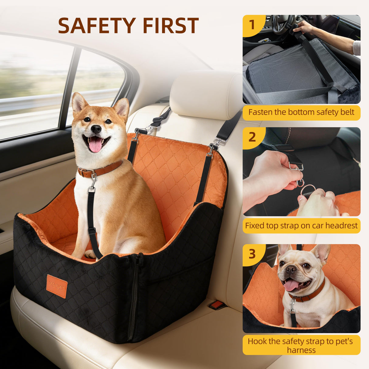 XEEP Dog Car Seat for Small/Medium Dogs Up to 35lbs, Dog Booster Seat with Memory Foam Cushion, Washable Pet Car Seat with Safety Belt & Pee Pad & Blanket, Fits in Front/Back Seat(Black/Brown)