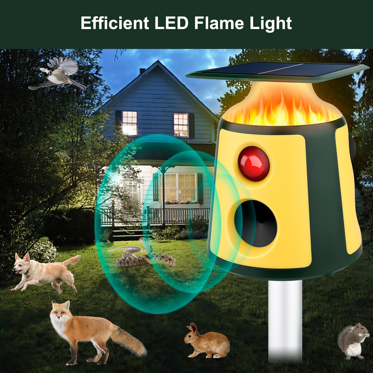 2024 Upgraded Animal Repeller, Solar Ultrasonic Animal Repeller 360° Induction & LED Flame Light, Cat Repellent Outdoor Waterproof, Animal Deterrent Repel Cats, Dogs, Deer, Wild Boars, Foxes and More