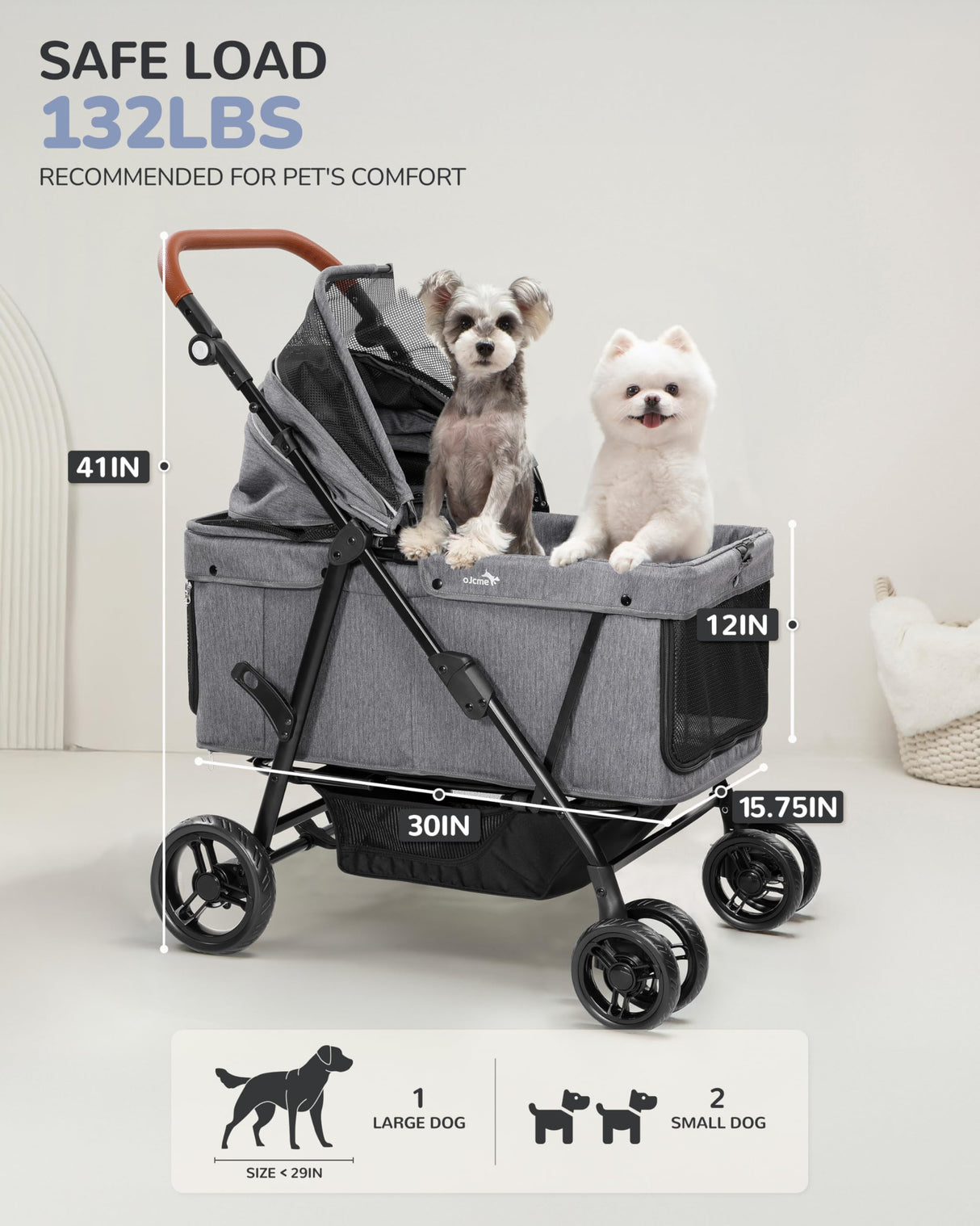 Dog Stroller for Large & Medium Dogs (20–132 lbs), Pet Stroller for 2 Small Dogs, Extra Large Heavy Duty, Foldable & Ventilated, Grey