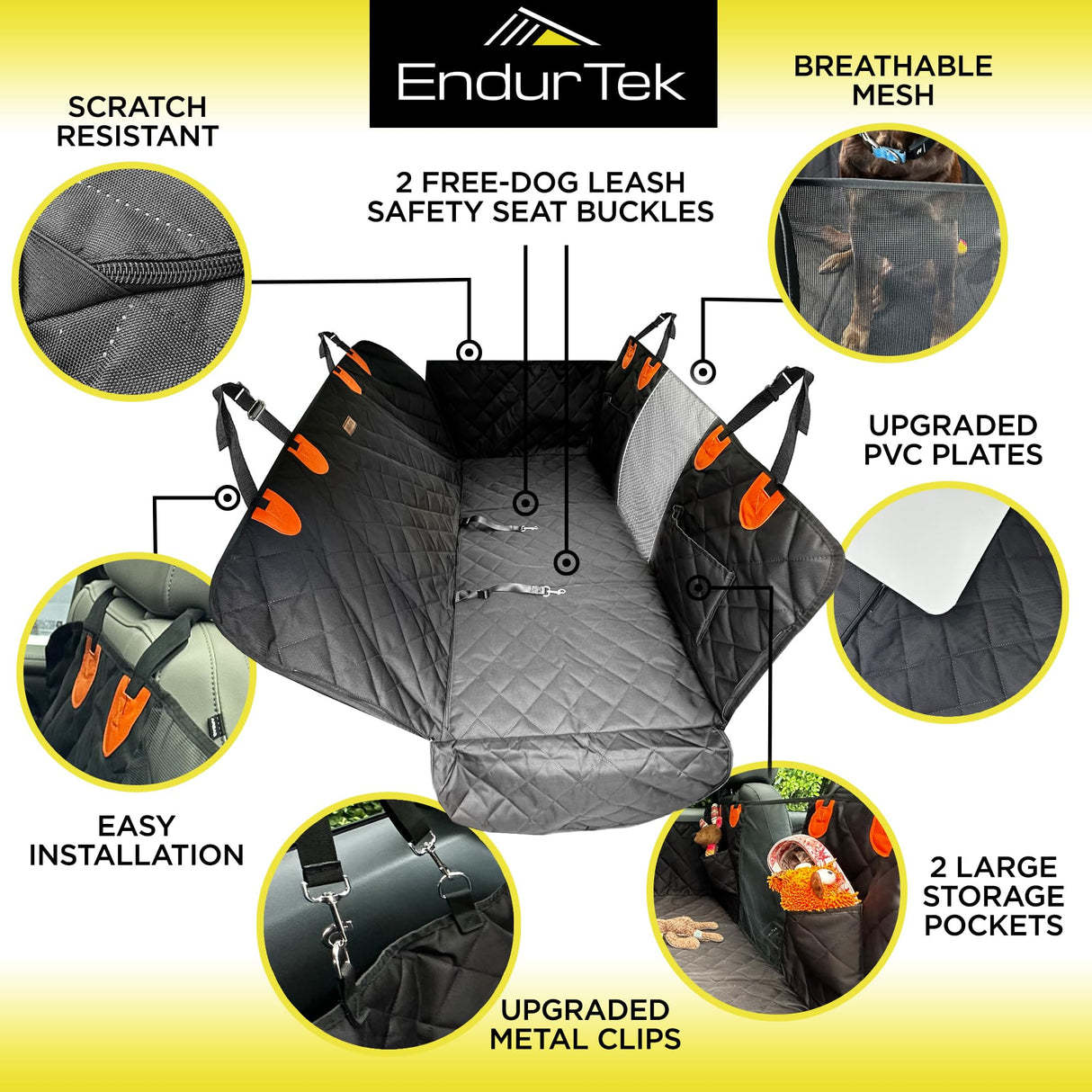 ENDURTEK Dog Car Seat Cover for Back Seat | Universal Hard Bottom Back Seat Extender for Car, Truck, SUV | Waterproof Cargo and Truck Bed Protector Hammock with Storage Pockets for Medium & Large Dogs