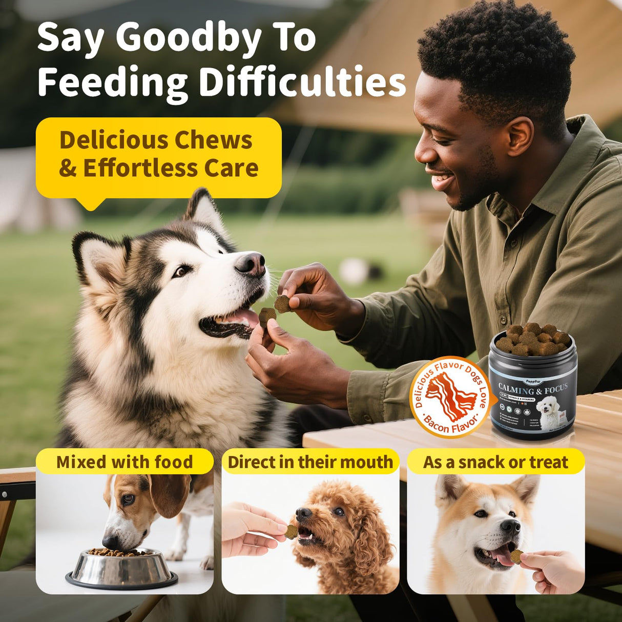 POPPAW Calming Chews for Dogs – 12-in-1 Dog Calming Treats with Herbal & Vitamins, Relaxation, Focus & Behavior Support for Anxiety, Separation, Barking, Travel, Stress, Upgraded Bacon Flavor, 90 Ct