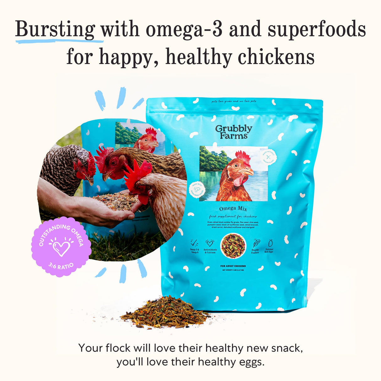 Grubbly Farms Omega Mix Chicken Treats for Laying Hens - Superfood and Omega-Rich Chicken Feed Supplement to Support Egg Production, Strong Eggshells and Nutritious Yolks - 5LB