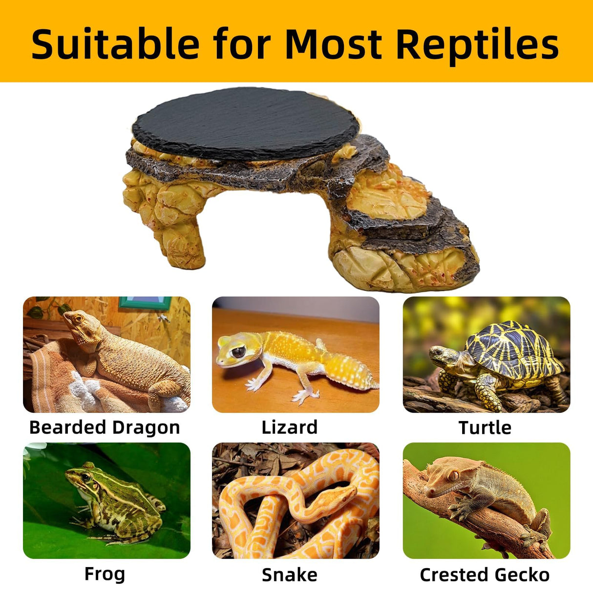 JWIZYOTR Bearded Dragon Basking Platform, Turtle Basking Platform Decorative Reptile Hideout with Rock Slate Plate in Terrarium for Lizard, Leopard, Crested Gecko(Large-Yellow)
