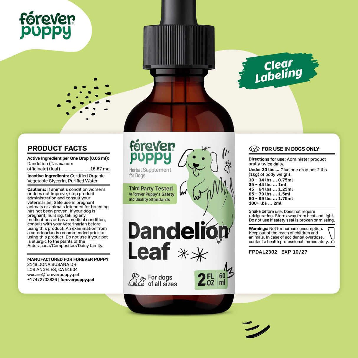 Forever Puppy Dandelion Leaf Drops for Dogs - Kidney Health Liquid Supplement for Large, Medium & Small Dogs - Kidney Cleanse Detox Drops w/Dandelion Leaves Tincture - 2 oz