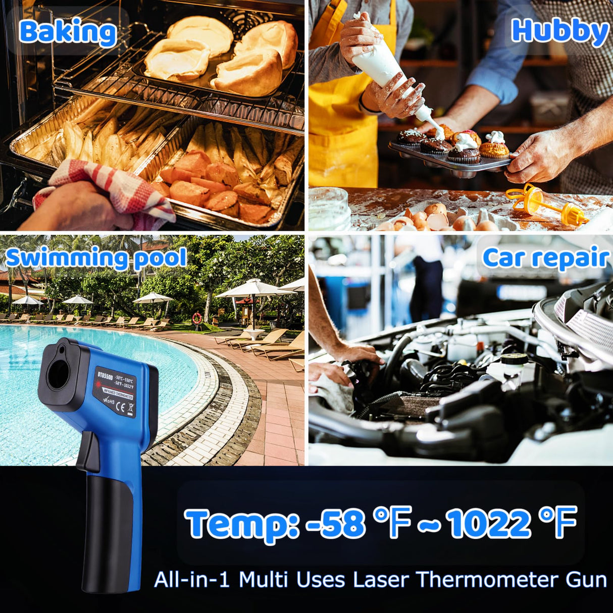 Infrared Thermometer Gun for Cooking, -58β~1022β, Digital Laser Temperature Gun for Deep Frying, Pizza, Blackstone, Reptiles, IR Thermometer with Carrying Storage Case, Larger Font, LCD Backlit, Blue