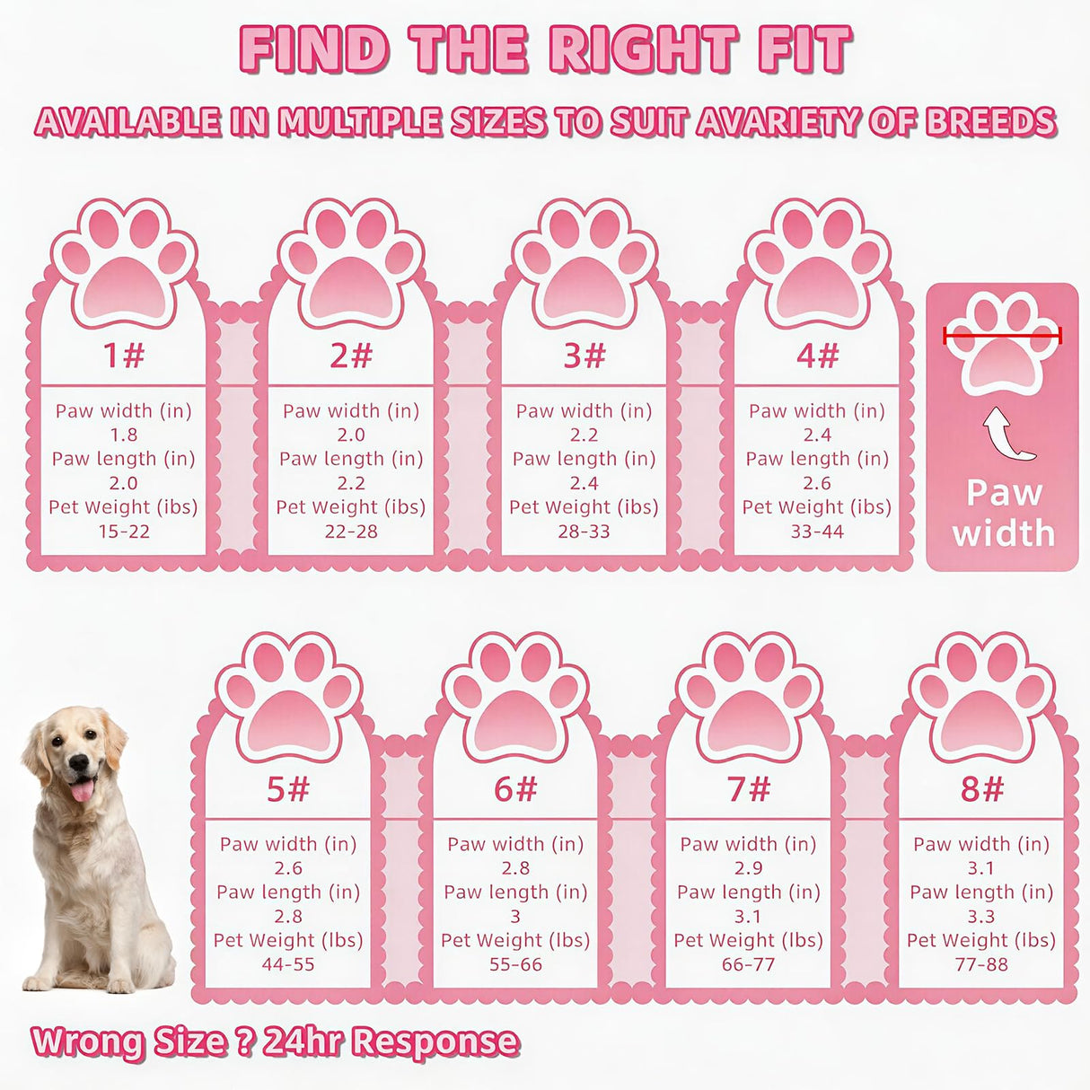 BECROWM Waterproof Dog Boots-Anti-Slip Dog Shoes with Paw Embroidery,Reflective Straps,for Rainy/Snowy/Muddy Days,Outdoor Walking (Pink, #4 (width2.36inch) for 33-44 lbs)